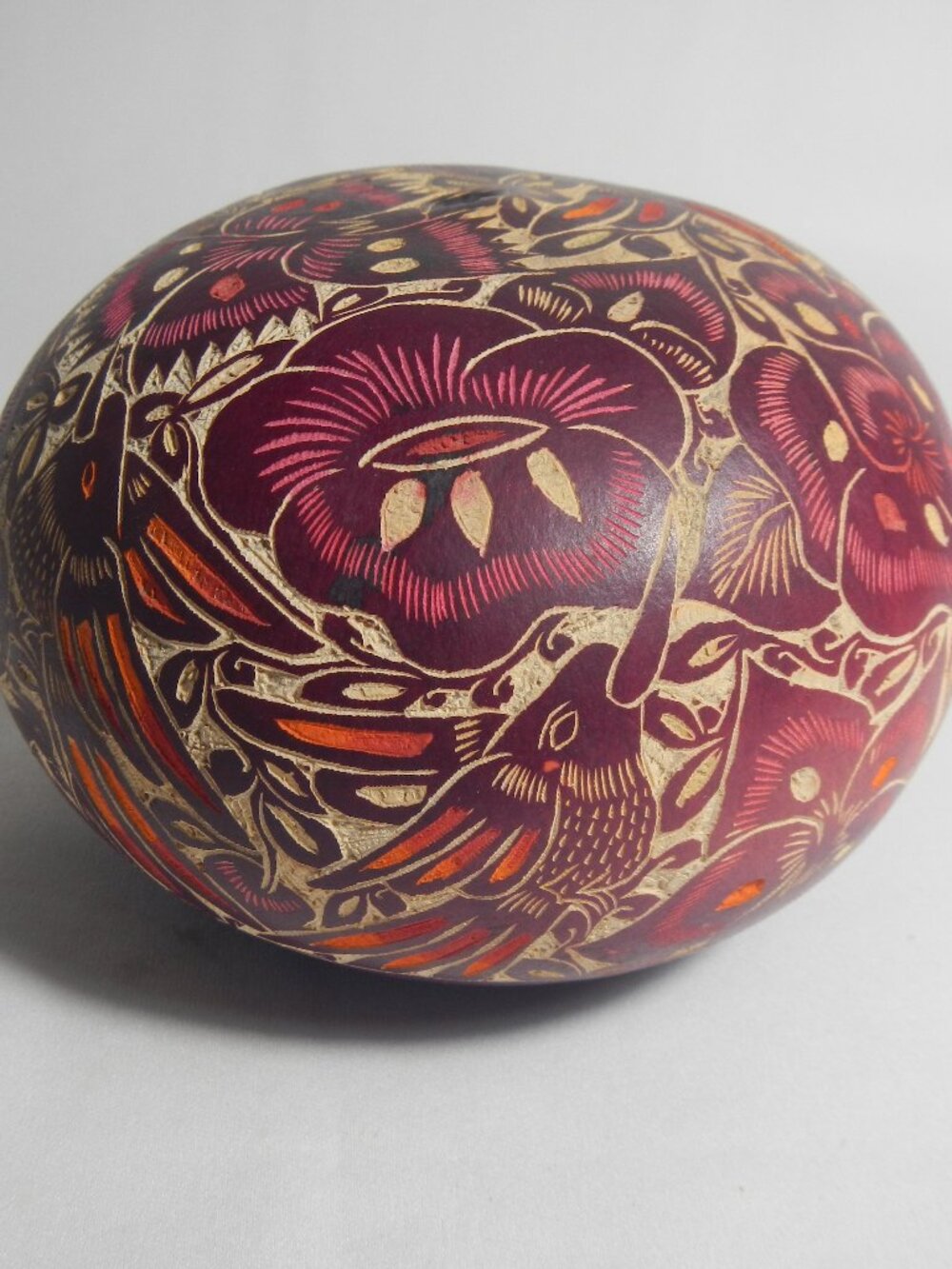 Carved Gourd Detailed Hand Carved Peru Vintage Flowers Hummingbirds Pink Purple